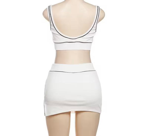 Women Sleeveless Striped Crop Sexy Two Piece Skirt Set