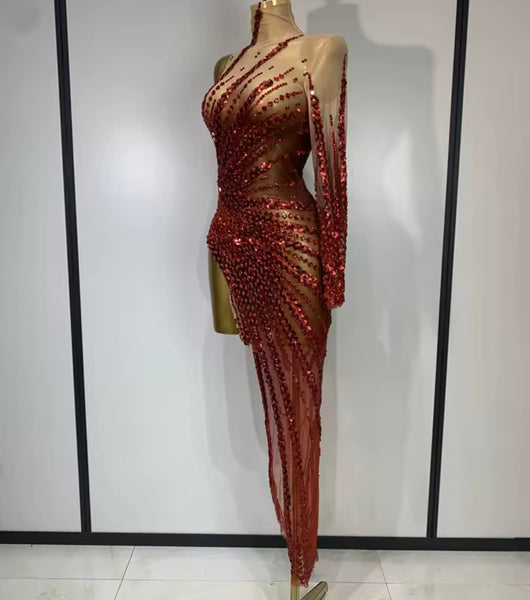 Women Sexy One Shoulder Full Sleeve Sequins Crystal Mesh Dress