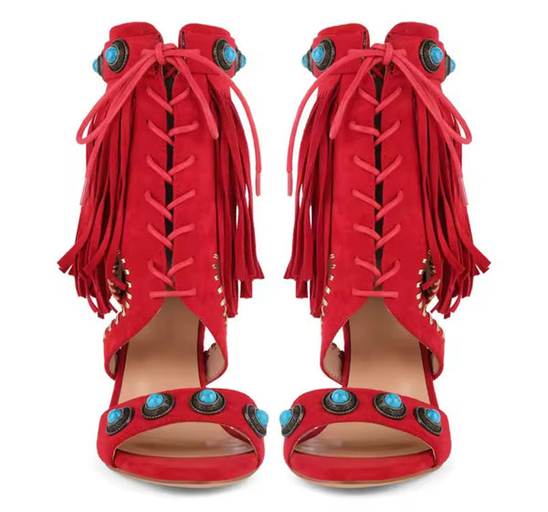 Women Open Toe Rivet Fringe Lace Up High Heel Ankle Boots