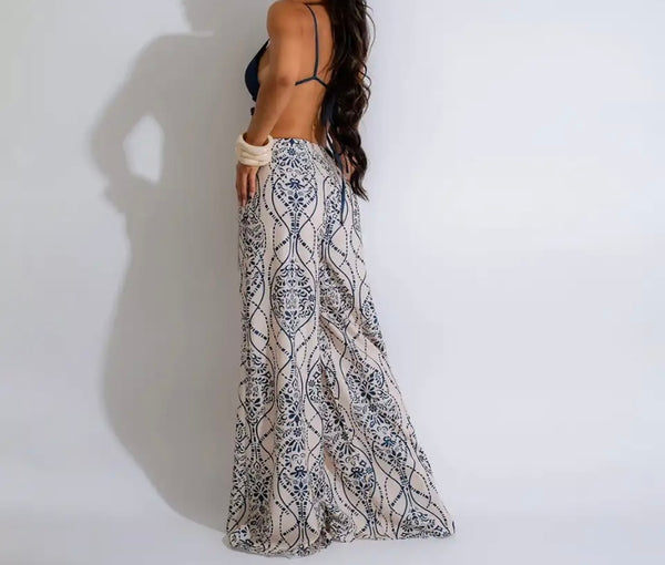 Women Sexy Sleeveless Lace Up Printed Wide Leg Jumpsuit