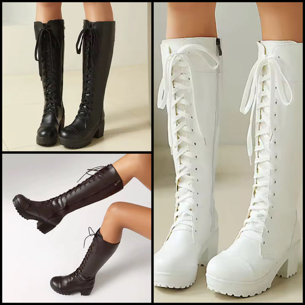 Women Fashion Faux Leather Tie Up Knee High Boots