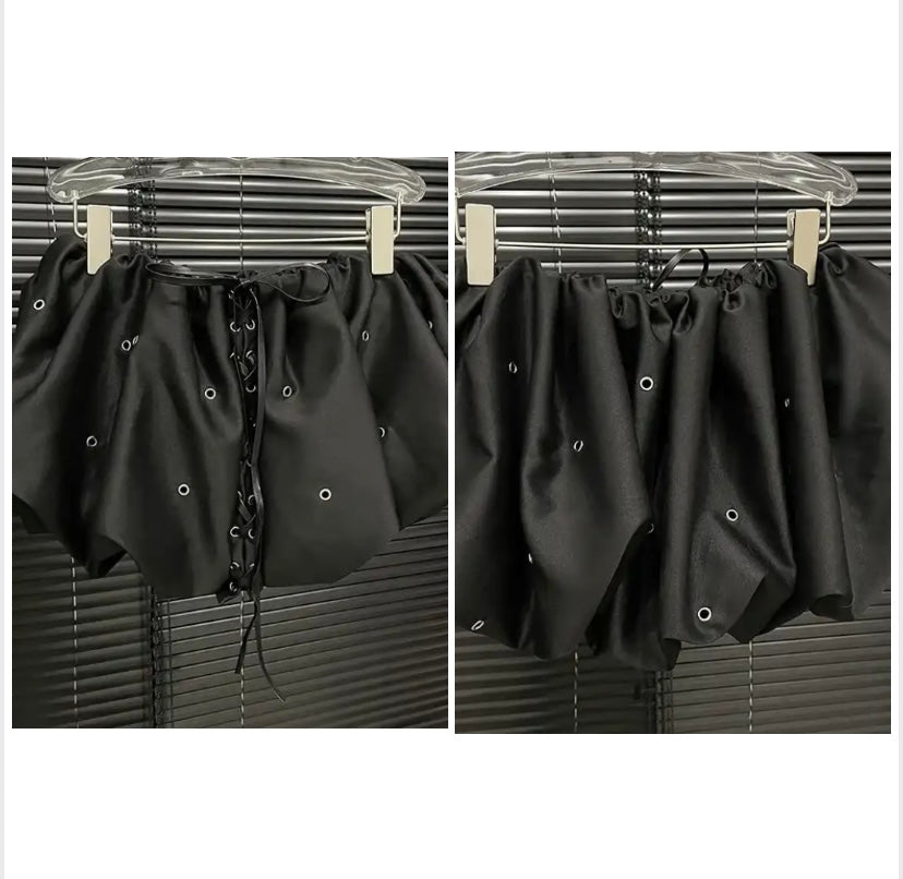 Women Sexy Black Lace Up Metal Hole Skirt