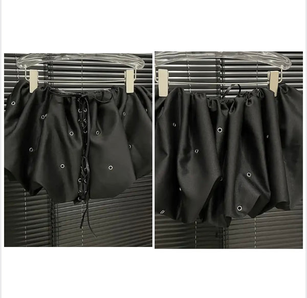 Women Sexy Black Lace Up Metal Hole Skirt