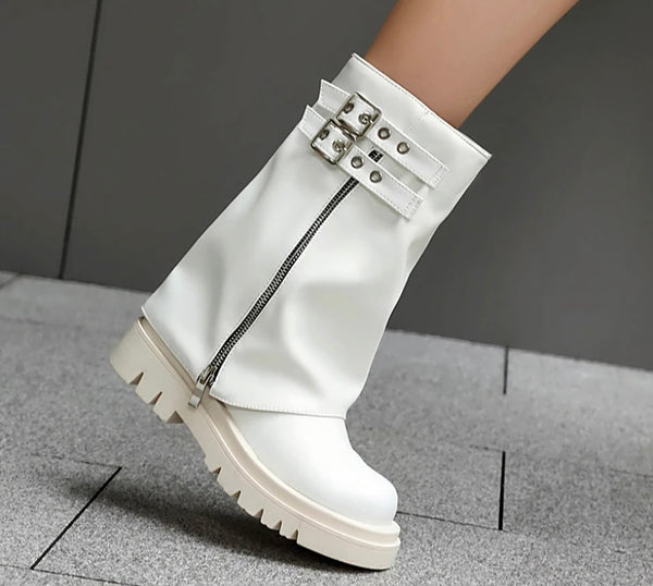 Women Fashion Faux Leather Ankle/Mid Calf Buckled Flat Boots