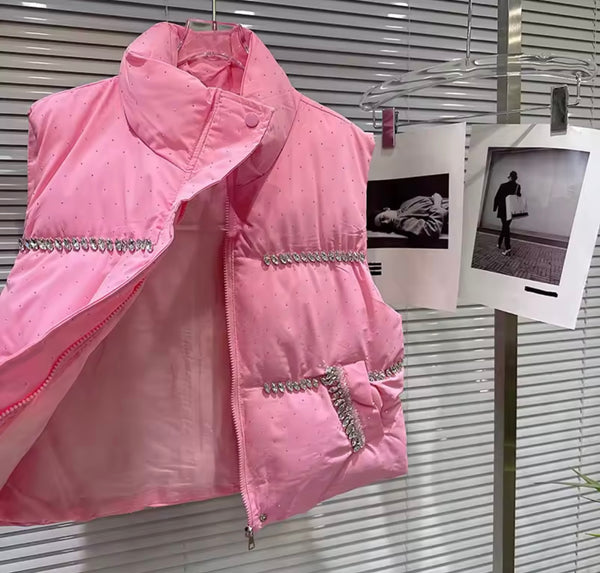 Women Fashion Color Rhinestone Puff Vest Jacket