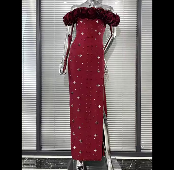 Women Floral Strapless Beaded Rhinestone Maxi Dress