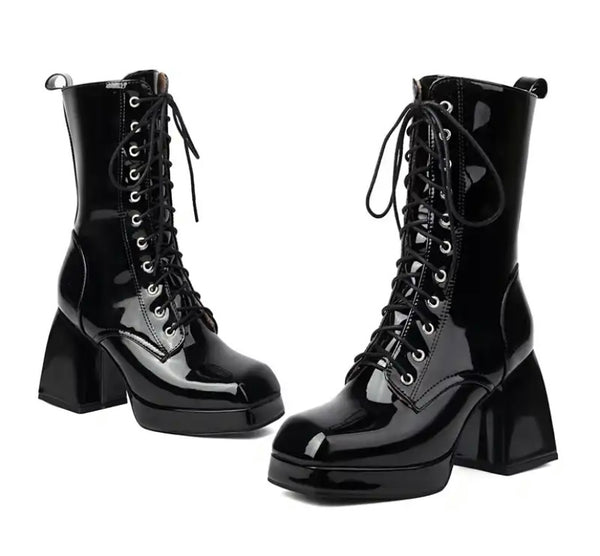 Women Fashion Lace Up Patent Leather Ankle Boots