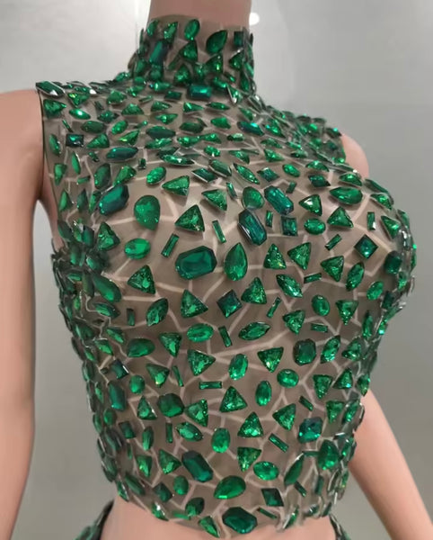 Women Sexy Sleeveless Green Crystal Mesh Two Piece Skirt Set