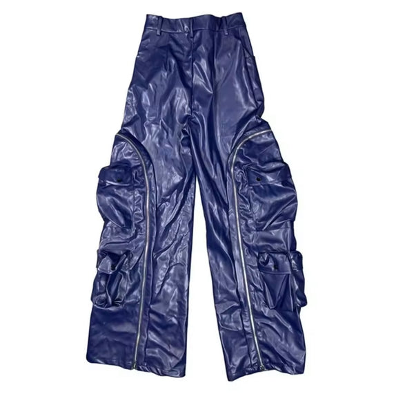 Women Fashion Color Zipper Cargo Faux Leather Pants