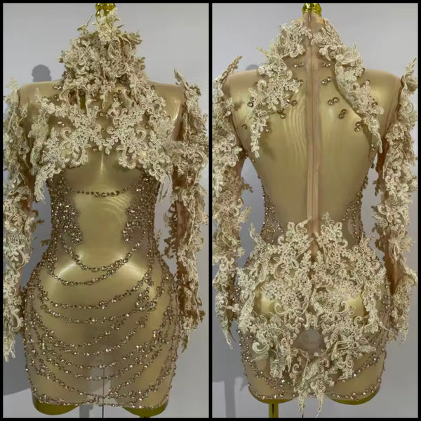 Women Sexy Sequins Rhinestone Mesh Full Sleeve Dress