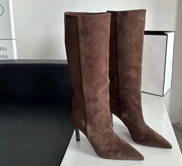 Women Pointed Toe Suede High Heel Knee Length Boots