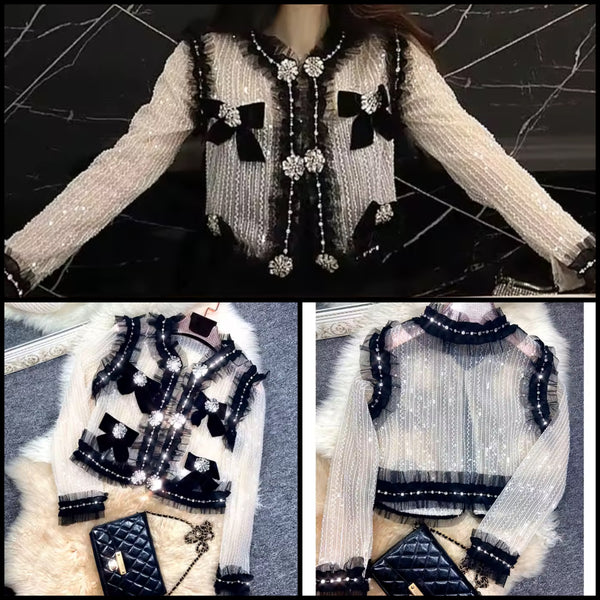 Women B&W Beaded Rhinestone See Through Mesh Jacket