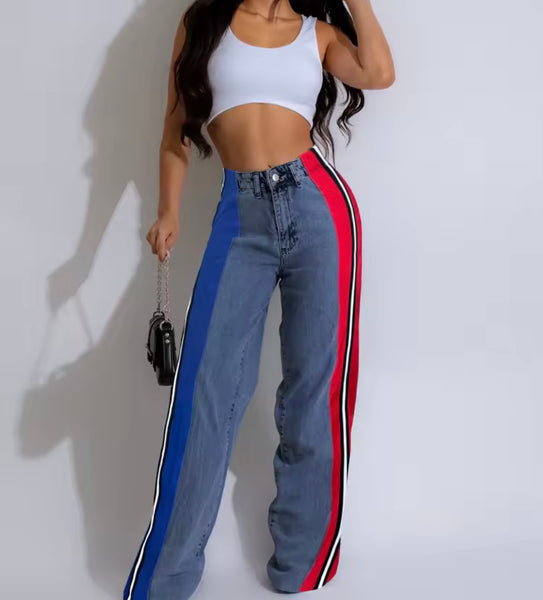 Women Fashion Color Patchwork Striped Denim Pants