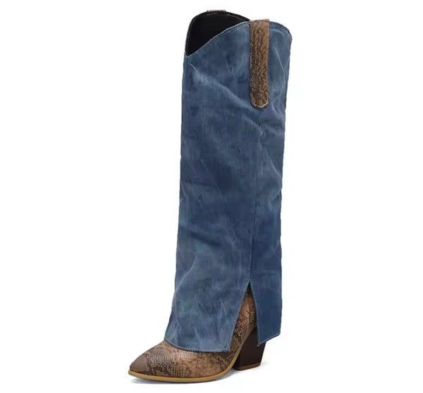 Women Fashion Color Animal Print Denim Knee High Western Boots