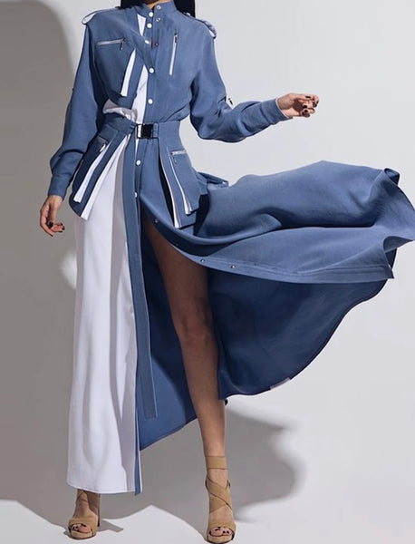 Women Sexy Color Patchwork Button Up Full Sleeve Maxi Dress