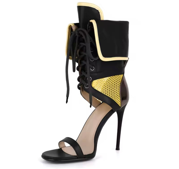Women Fashion Open Toe Color Patchwork Tie Up High Heel Ankle Boots