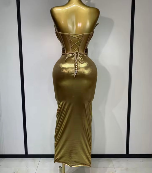 Women Sexy Sequins Strapless Gold Maxi Dress