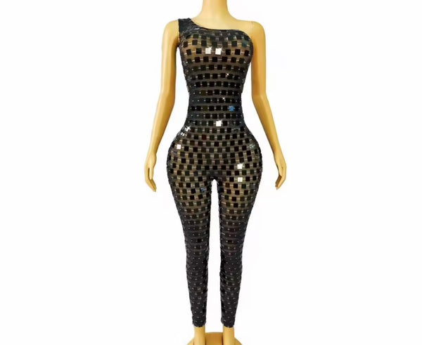 Women One Shoulder Sleeveless Black Mirror Mesh Jumpsuit