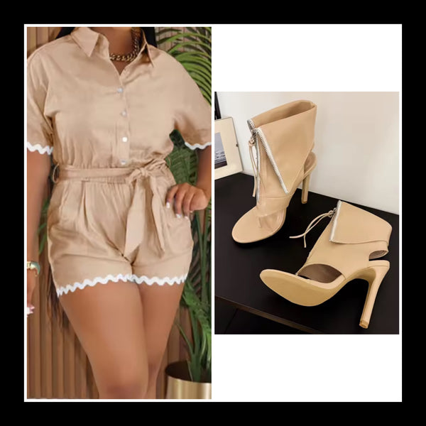 Women Button Up Short Sleeve Color Patchwork Belted Romper