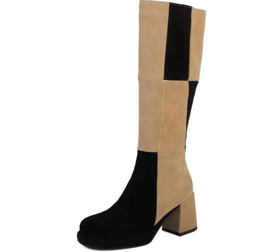 Women Fashion Suede Color Patchwork Knee High Boots