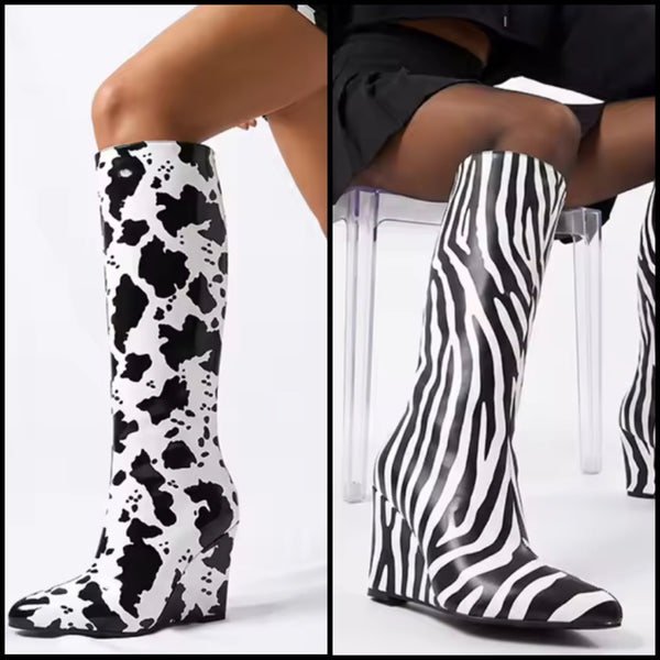 Women Fashion B&W Animal Print Wedge Knee High Boots