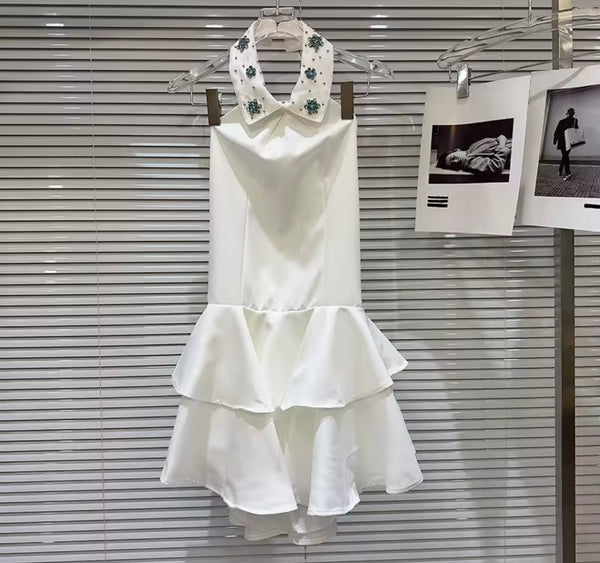 Women Sexy Bling Halter Sleeveless White Ruffled Dress