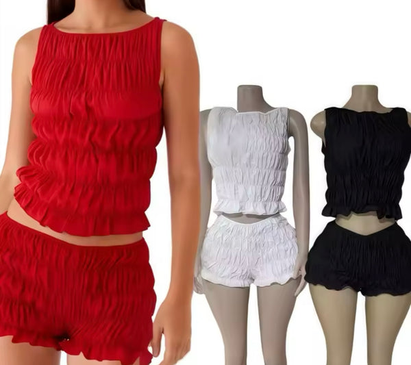 Women Sleeveless Solid Color Ruffled Crop Two Piece Short Set