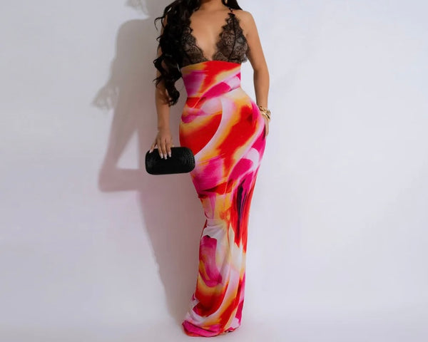 Women Sexy Sleeveless Lace Patchwork Printed Maxi Dress