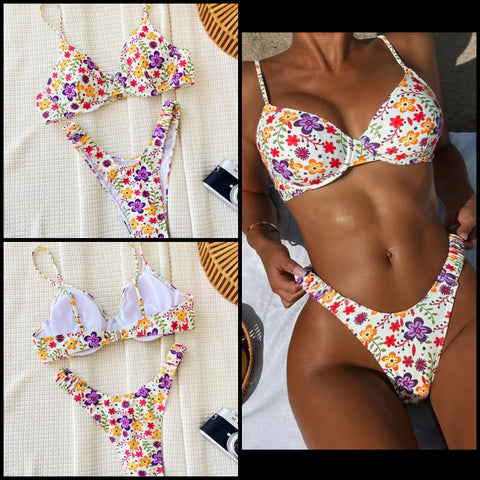 Women White Floral Print Sexy Bikini Swimsuit