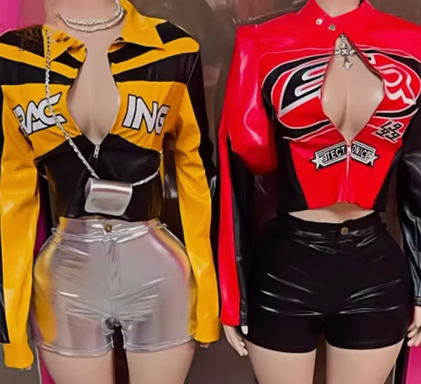 Women Color Fashion PU Jacket Two Piece Short Set