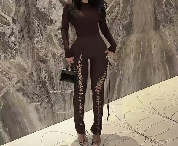 Women Color Full Sleeve Cut Out Tie Up Fashion Jumpsuit