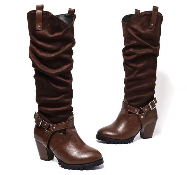 Women Fashion Buckled Chunky Heel Knee High Western Boots