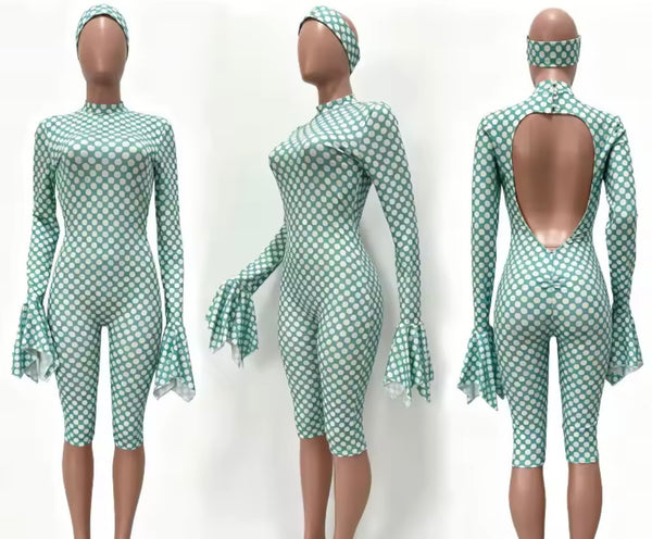 Women Polka Dot Ruffle Full Sleeve Open Back Headband Romper Set