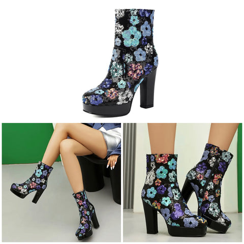 Women Fashion Black Sequins Floral Patent Leather Platform Ankle Boots