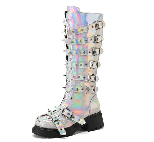 Women Fashion Platform Buckled Lace Up Knee High Boots