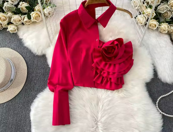 Women Button Up Fashion Floral One Shoulder Full Sleeve Top