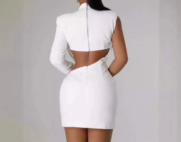 Women Sexy One Shoulder Full Sleeve Cut Out Pearl White Dress