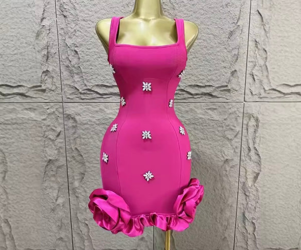 Women Sexy Sleeveless Ruffled Rhinestone Dress