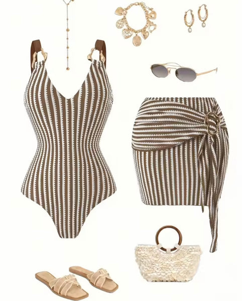 Women Sexy Striped Swimsuit Cover Up Set