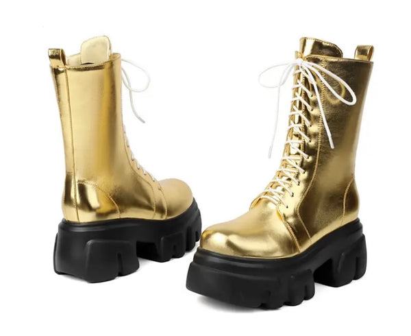 Women Fashion Platform Lace Up Faux Leather Ankle Boots