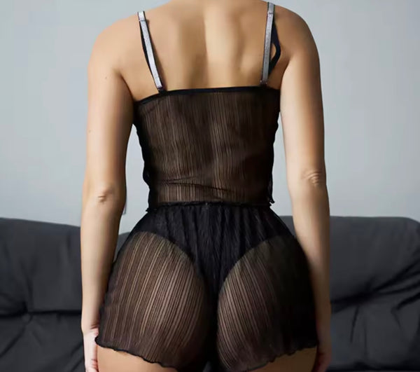 Women Sexy See Through Black Bling Sleeveless Lingerie Short Set
