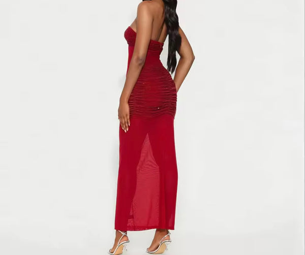Women Sexy Strapless Sparkly Mesh Maxi Dress