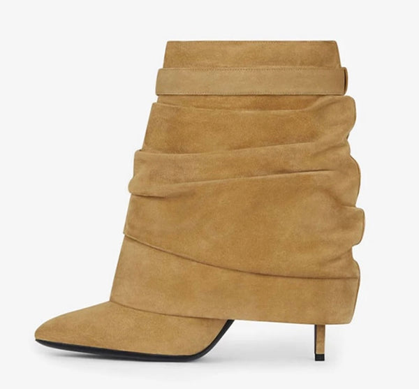 Women Fashion Pointed Toe Ruched Buckled Lock Ankle Boots