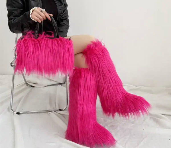 Women Fashion Color Faux Fur Knee High Boots Purse Set