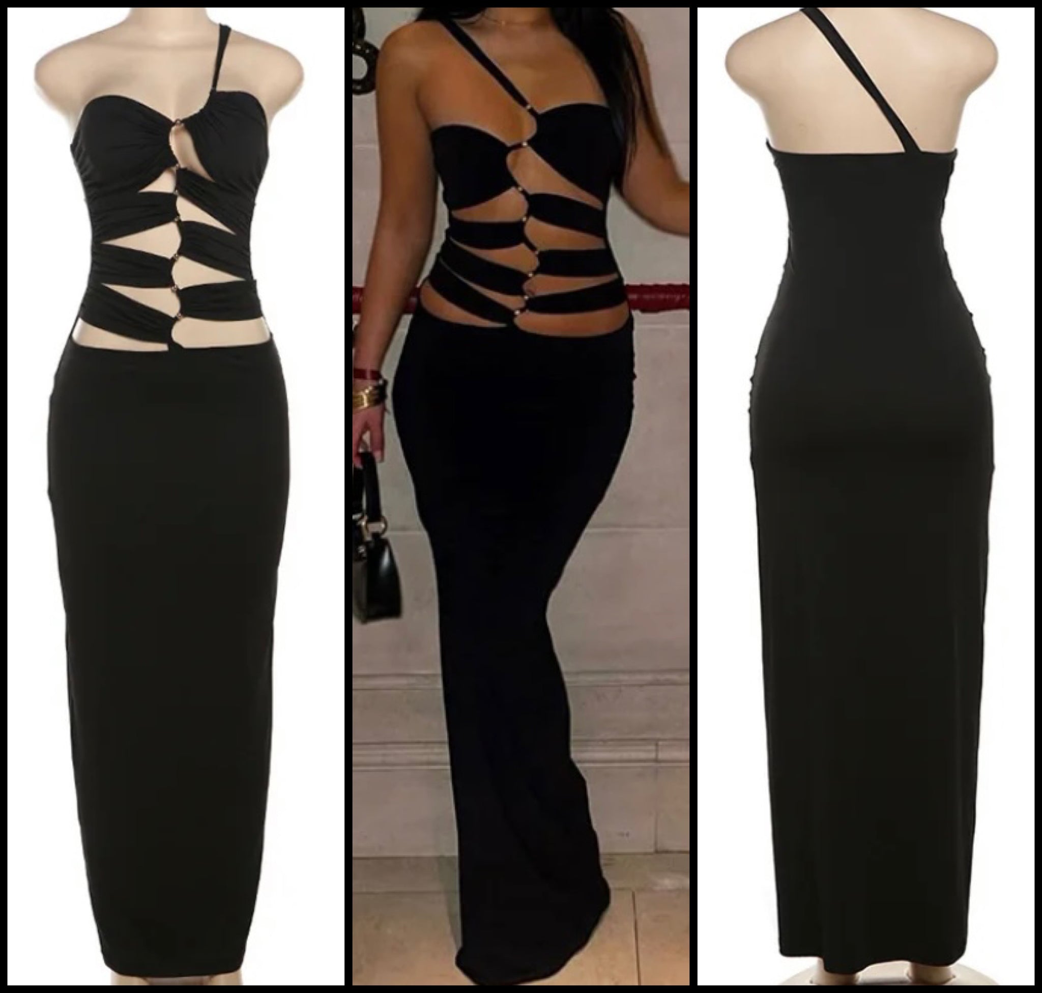 Women Black Sexy One Shoulder Sleeveless Cut Out Maxi Dress