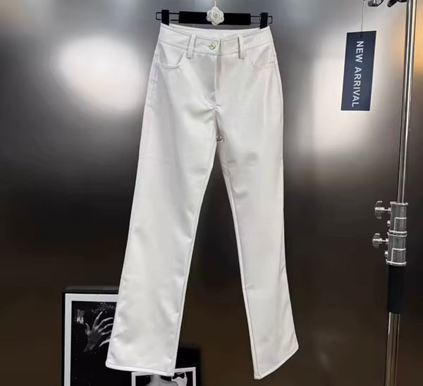 Women Fashion Faux Leather Solid Color Pants