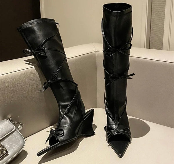 Women Pointed Open Toe Bow Faux Leather Knee High Fashion Boots