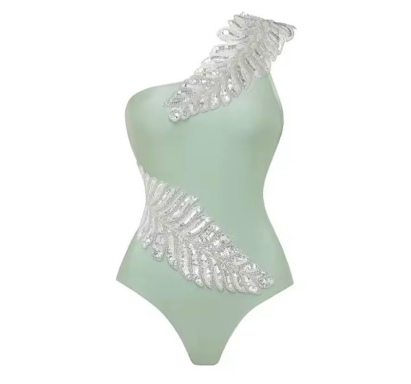 Women Sexy Sequins One Shoulder Swimsuit Cover Up Set