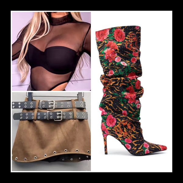 Women Fashion Multicolored Floral Ruched High Heel Boots