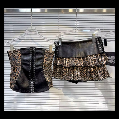 Women Sexy Strapless Faux Leather Leopard Print Two Piece Skirt Set